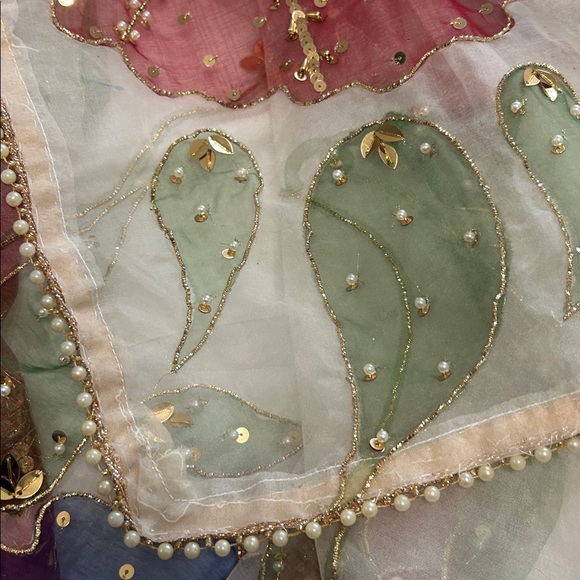 Organza Duppatta stole white painted floral full size. Pearl sequins work. NWOT - Picture 11 of 13